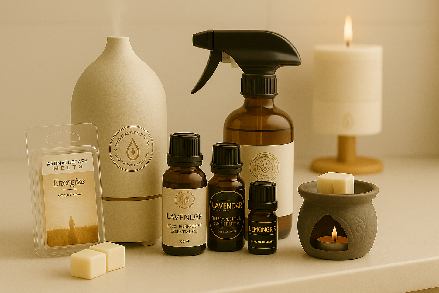 PureHaus Home Ambiance Essentials Set | Luxury Aromatherapy Diffuser + Oils + Wax Melts + Linen Mist